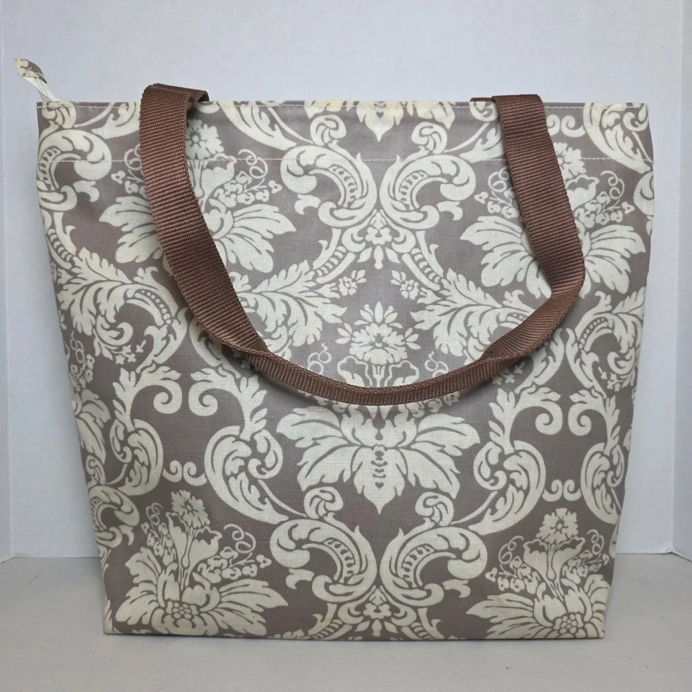 Emilie Sloan Seattle Tote Bag Taupe Cream Damask Floral‎ PVC Zipper Shoulder Bag